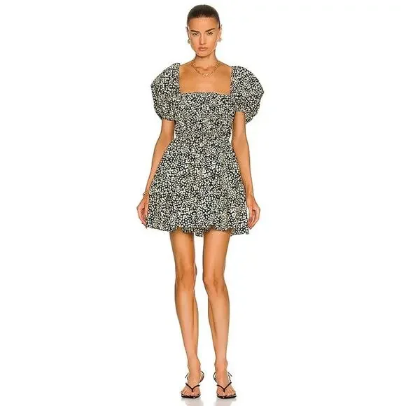 Matteau Shirred Peasant Puff Sleeve Mini Dress Midnight Daisy Cotton Size 2 US - Picture 4 of 10